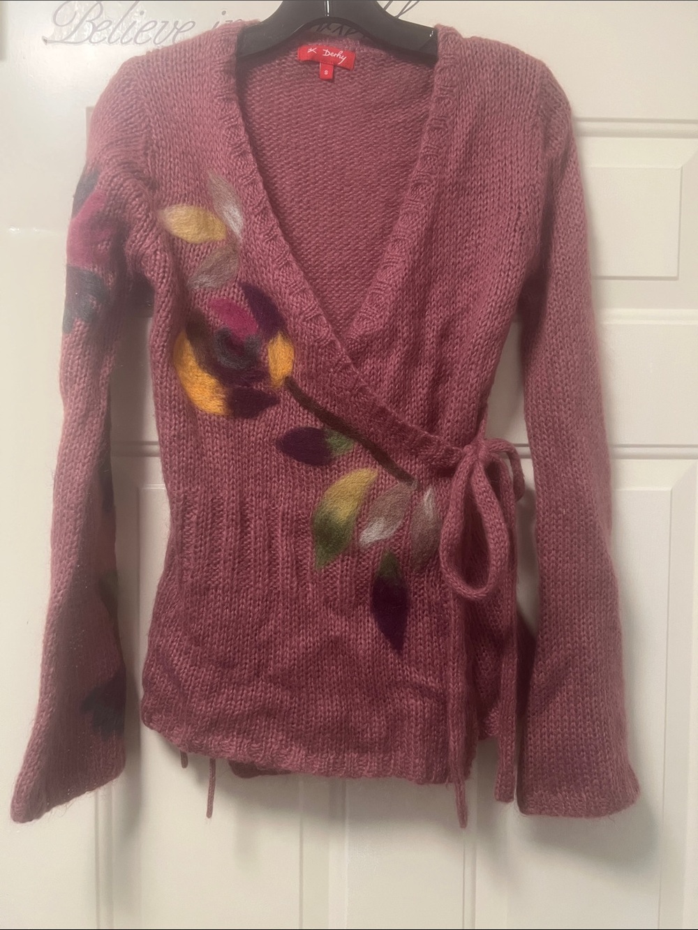 Desigual Mauve Wrap Cardigan with Multicolor Felt Floral Accents (Bin 2-80) - Picture 2 of 7